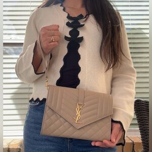 Saint Laurent Envelope Flap Pouch in Mix Matelasse Grain De Poudre Dark Beige